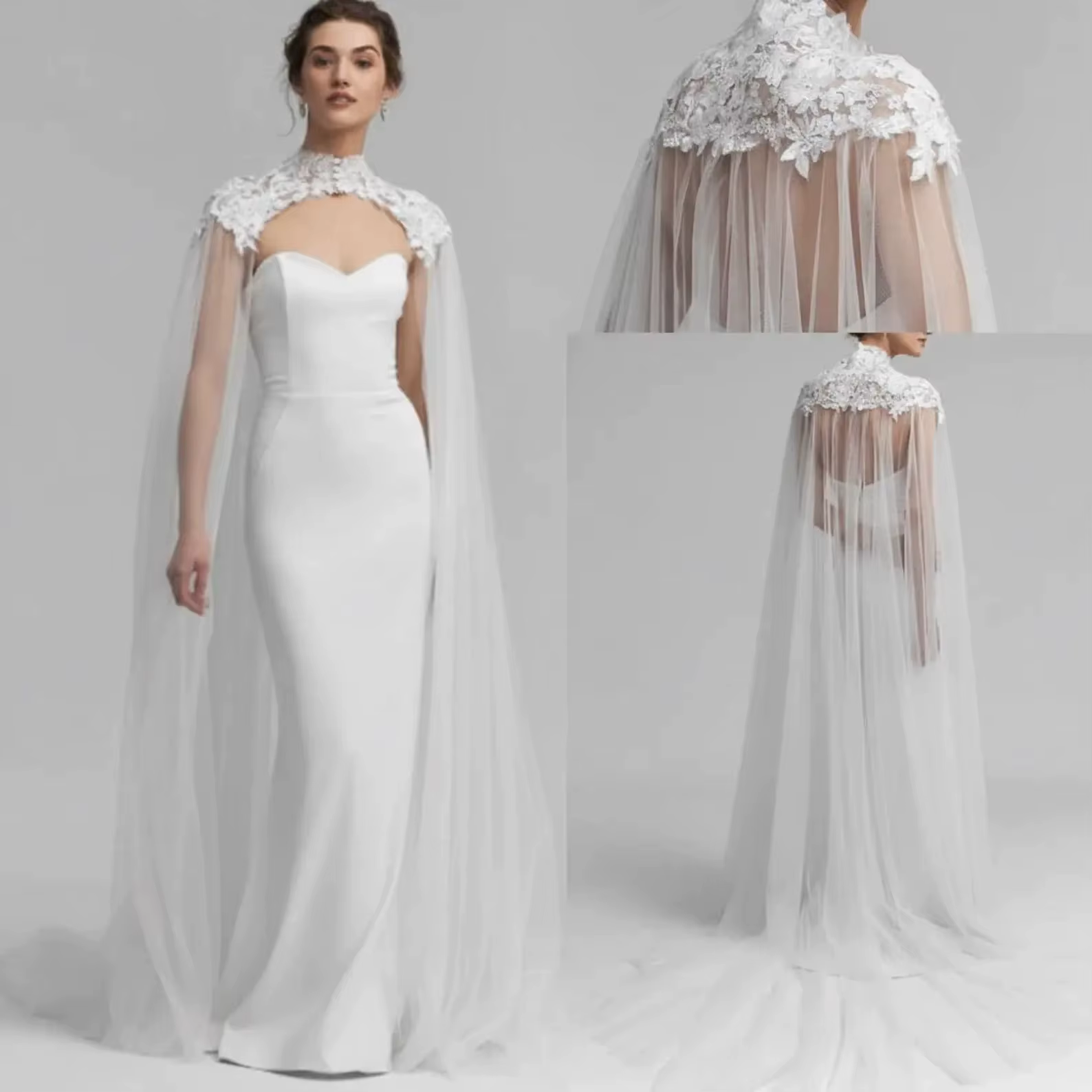 Cusstomized longue dentelle Tulle boléros de mariage cape col haut boutons mariée haussements d'épau