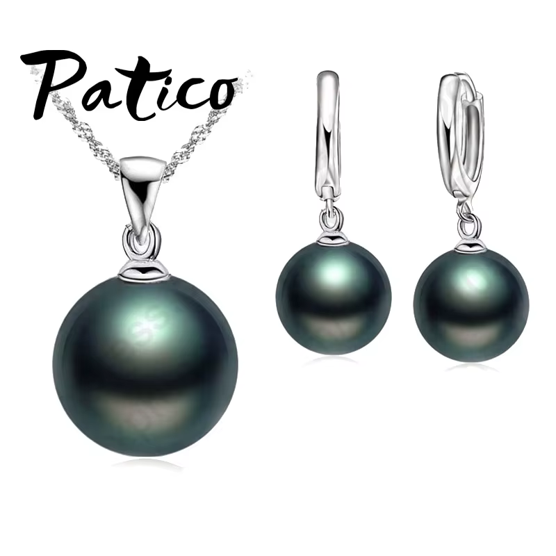 Ensembles de bijoux en perles d'eau douce noires, collier en argent regardé 925, boucles d'oreilles 