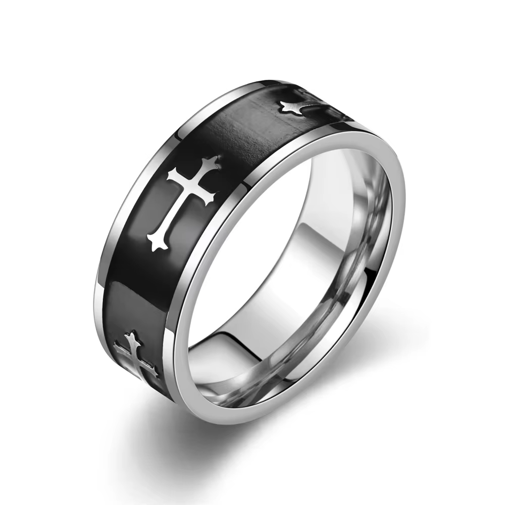 Bague croisée en métal pour hommes et femmes, couleur noir argent, en acier inoxydable, Punk gothiqu