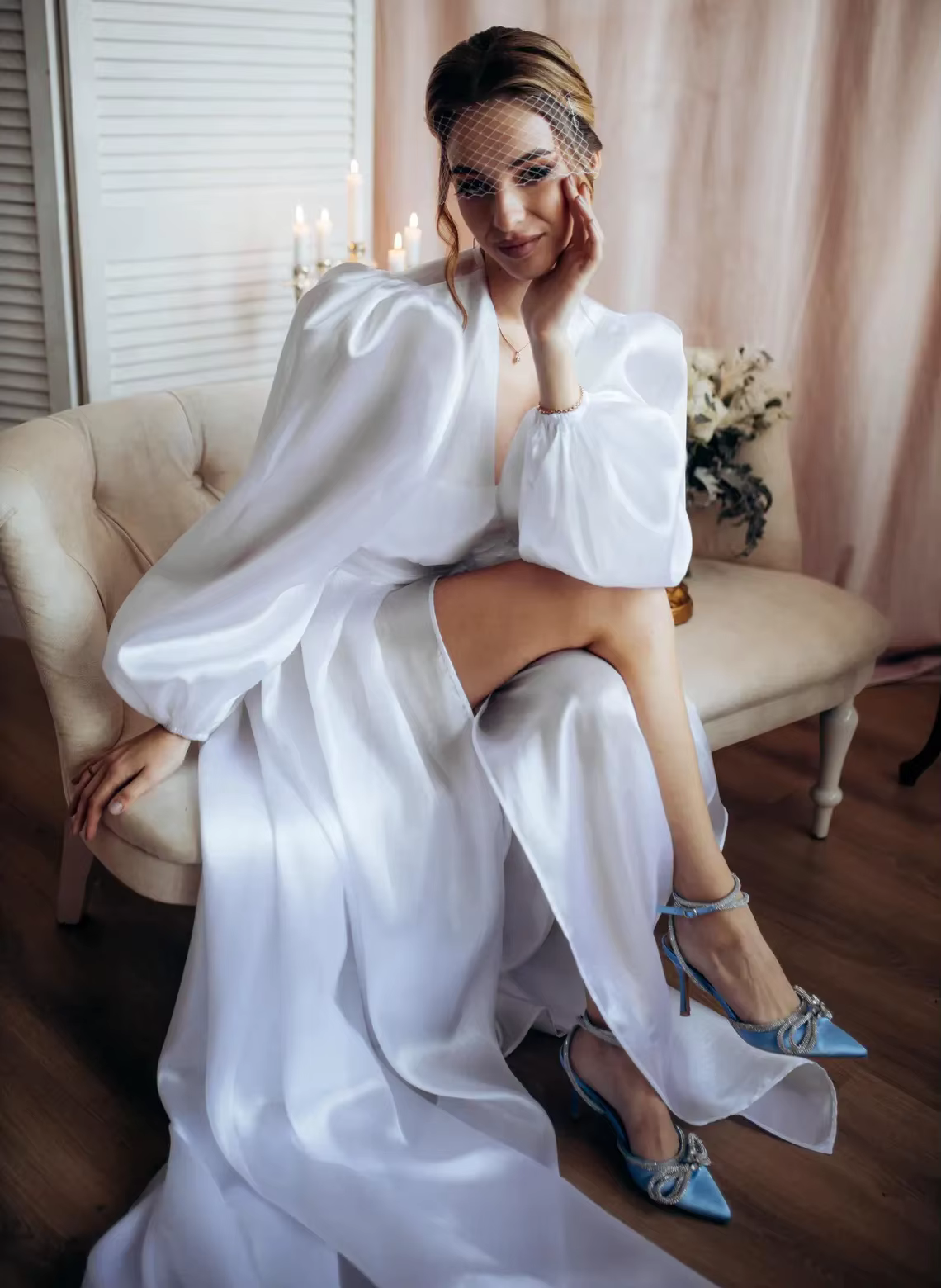 Peignoir à manches longues élégant pour femme, robe de mariée blanche, pyjama personnalisé pour pati