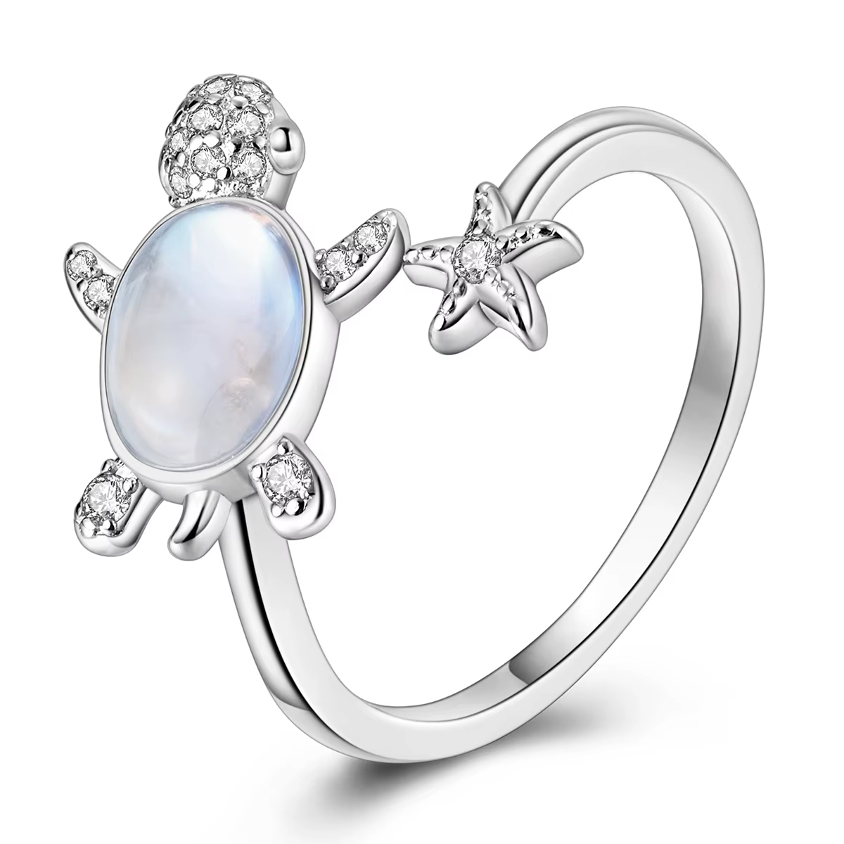 Bague ouverte en argent sterling 925 pour femme, motif tortue et étoile de mer, incrustée d'opale et