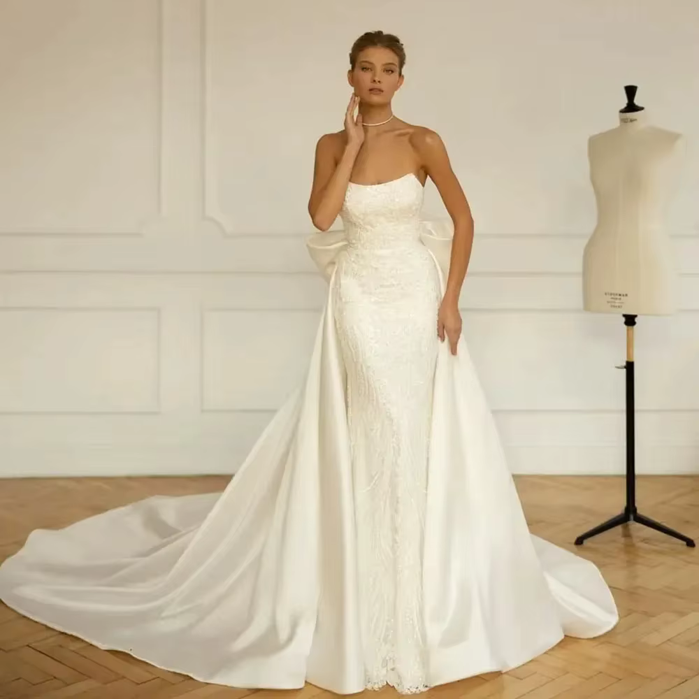 Robes de mariée sirène à col bateau avec traîne amovible, ornées de sequins et de perles, robes de m