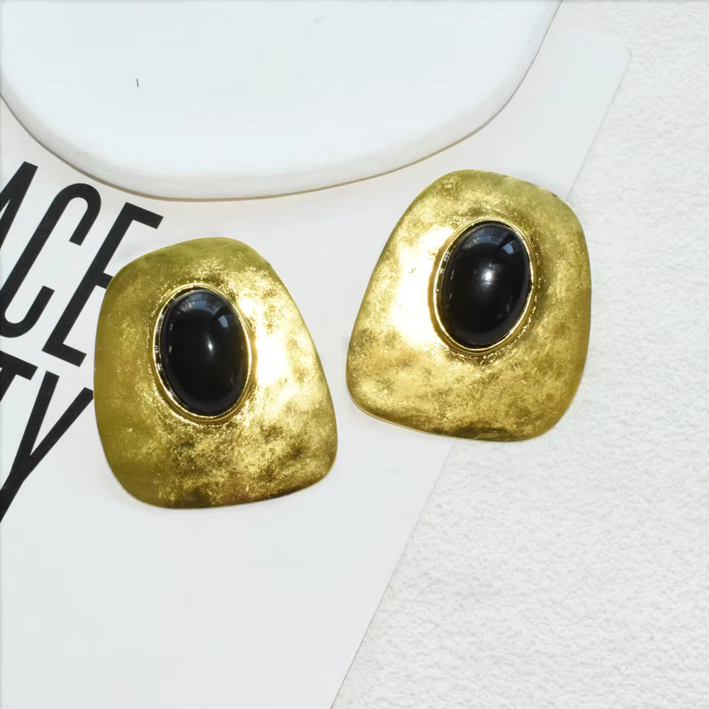 Boucles d'oreilles pendantes carrées vintage en alliage plaqué or avec pierre noire pour femme, bijo