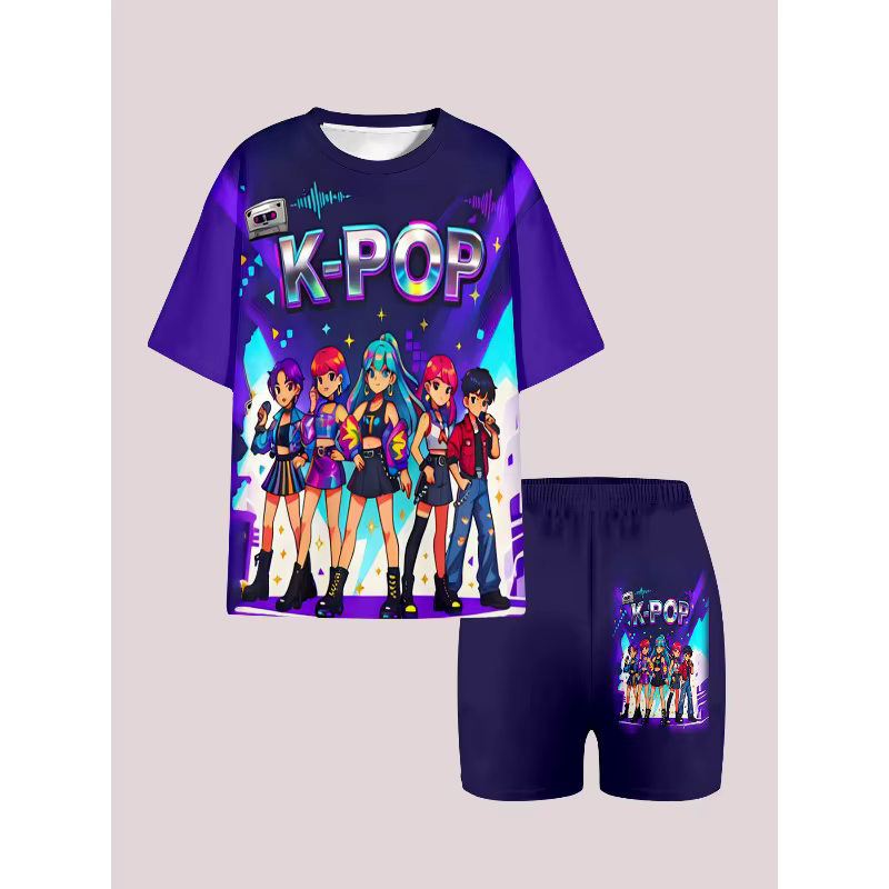 Ensemble décontracté 2 pièces imprimé groupe K-Pop, T-shirt et short, idéal pour les cadeaux d'anniv