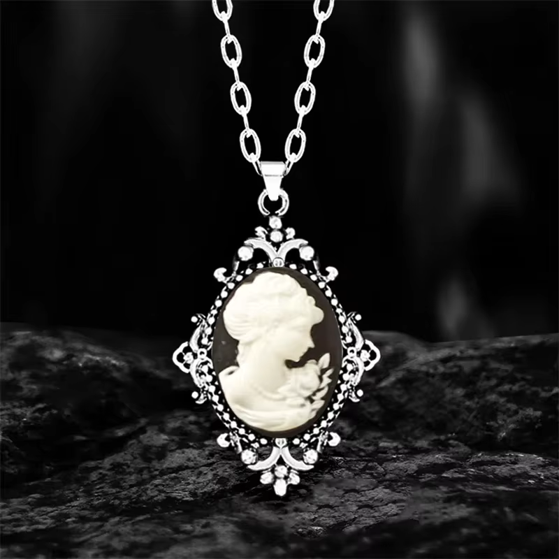 Collier camée Vintage Lady Queen pour femmes, 6 couleurs, pendentif camée plante plaquée argent Anti