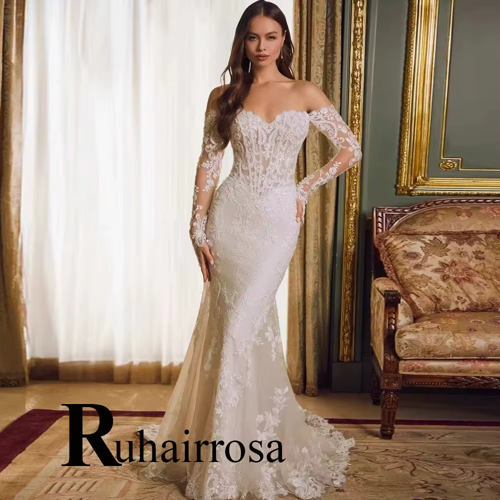 Ruhair charmante robes de mariée à épaules dénudées pour mariée sirène dentelle Appliques Corset bou