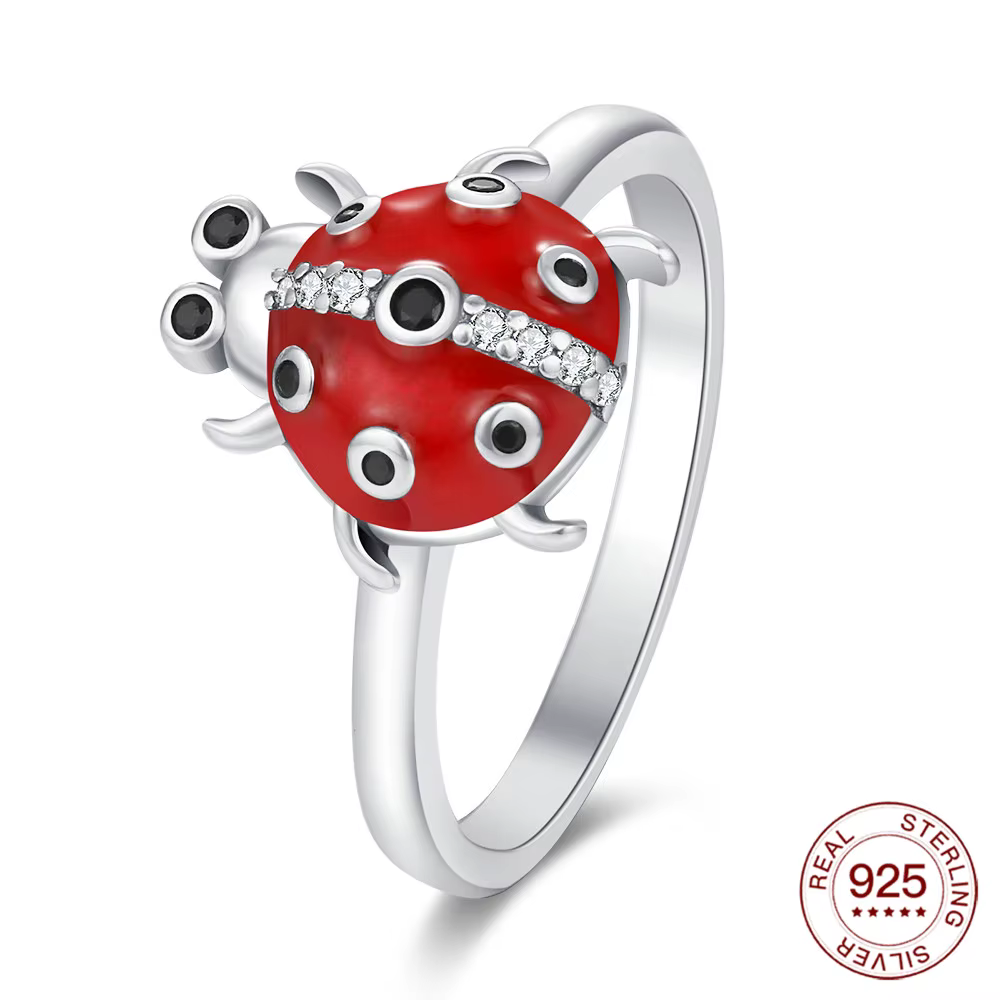 Nouvelle bague créative en argent pur, motif insecte, adorable coccinelle à sept points, bijoux pour