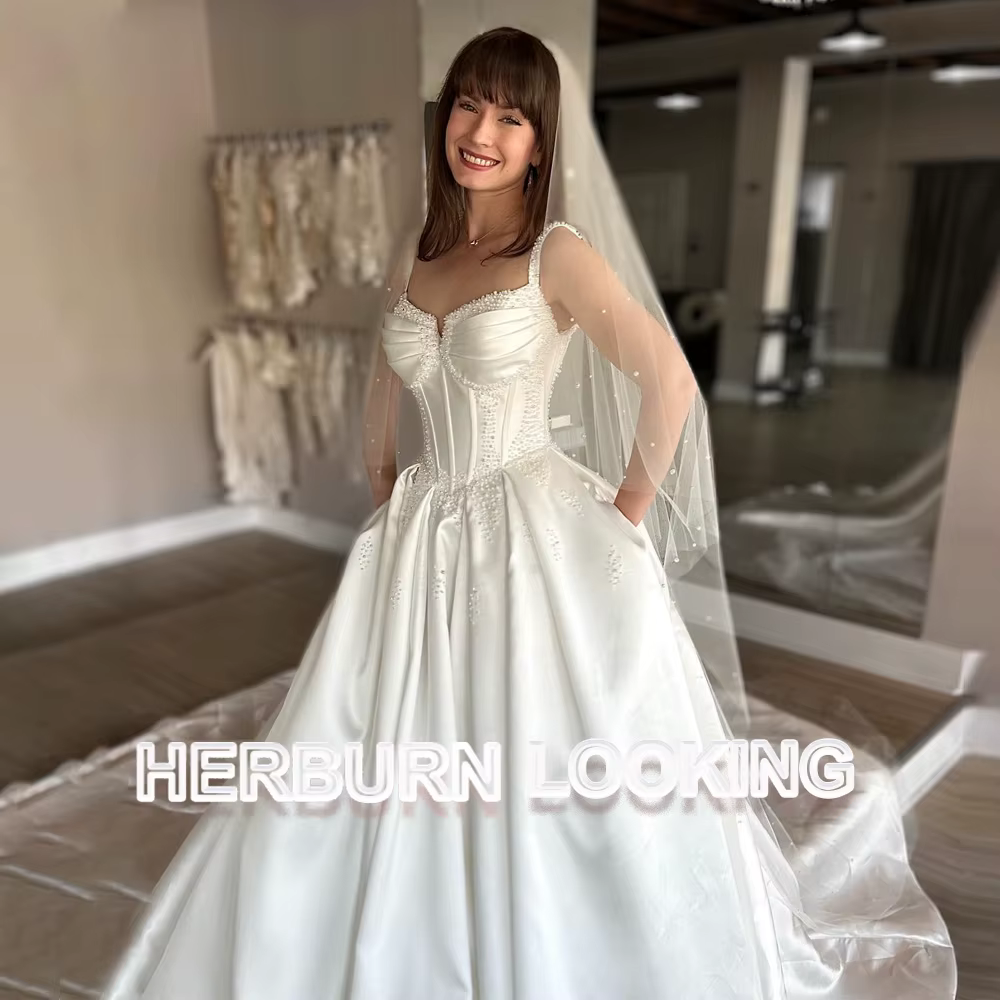 HERBURN – robe De mariée tendance avec poches pour femmes, bretelles Spaghetti, Corset avec perles, 