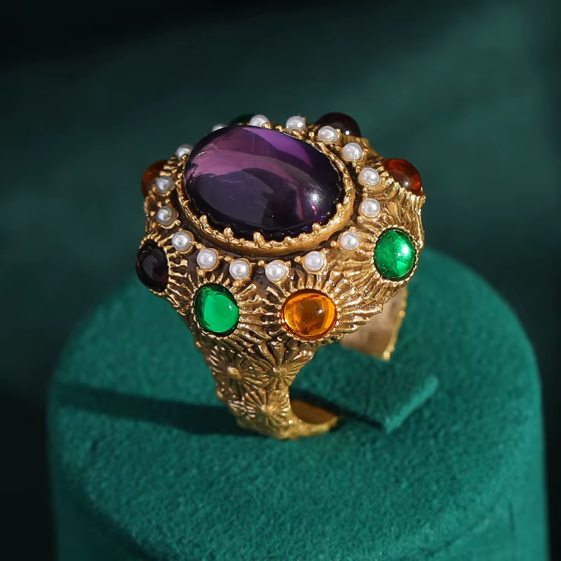 Bague ovale baroque vintage plaquée or 18 carats - Bague décorative en grappe de cristal et de perle