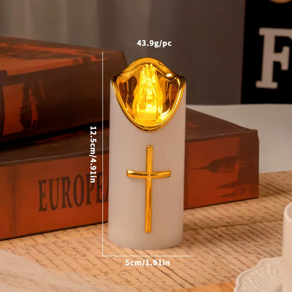 Bougie sans flamme LED en forme de croix chrétienne, flamme réaliste, bougies de prière réutilisable