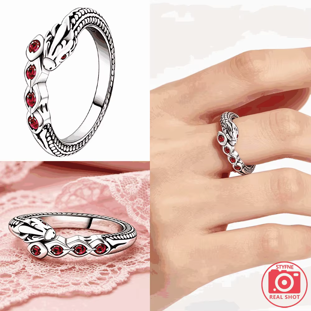 Bague vintage en argent sterling 925 incrustée de pierres précieuses rouges en forme de serpent pour