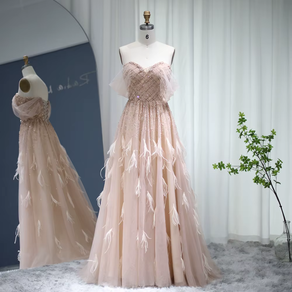 Sharon Said-Robe de Soirée Luxueuse Rose en Plumes pour Femme, Tenue de Mariage Personnalisée, Style