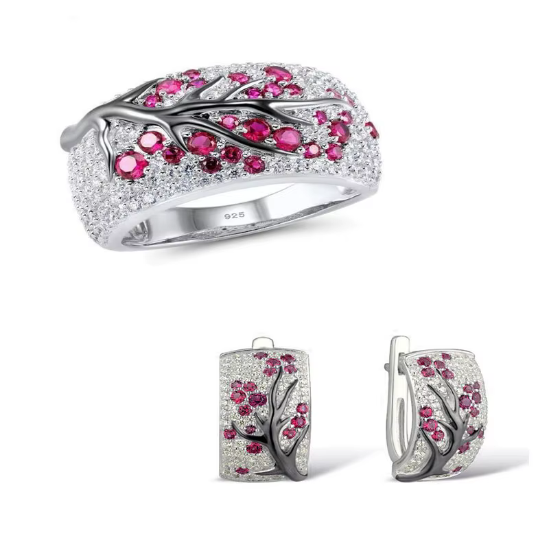 Ensemble de bijoux pour femmes, magnifiques bagues et boucles d'oreilles en argent Sterling, rouge b