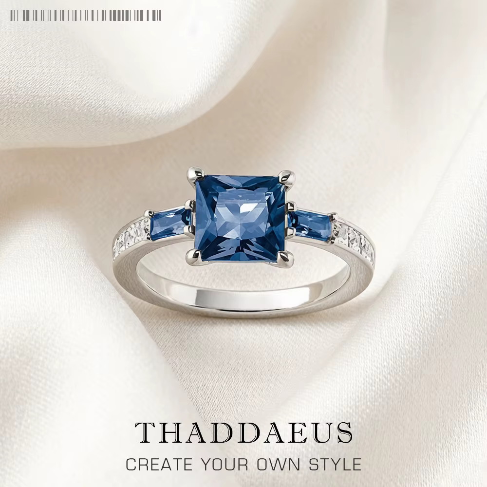 Bague de Cocktail avec pierres bleues et blanches carrées, bijoux fins classiques de Style européen 