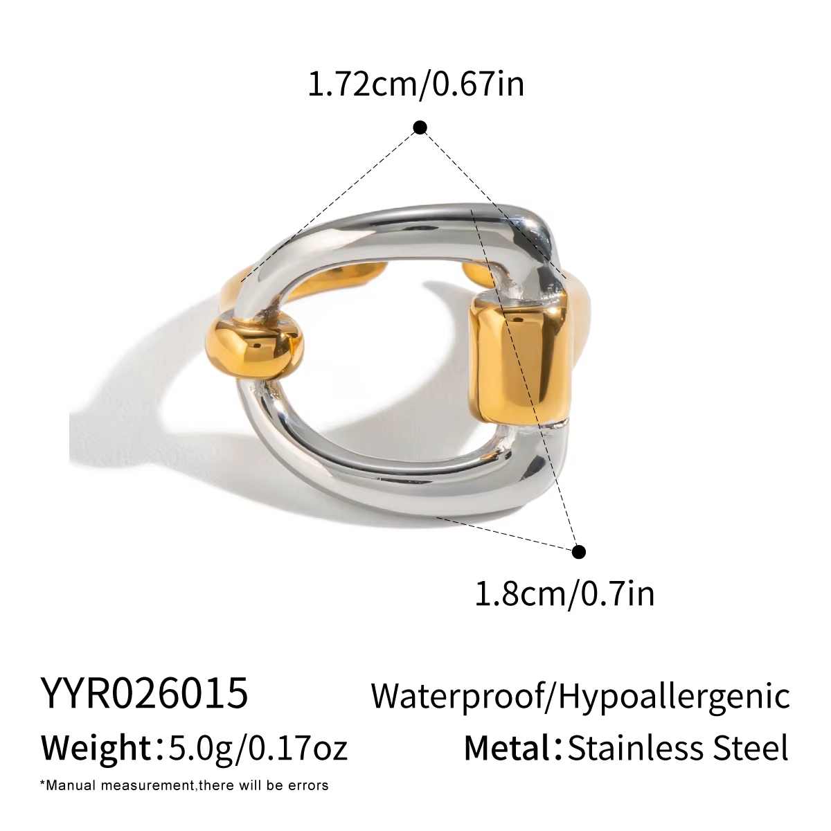 Bague ouverte torsadée bicolore classique Miia Jewelry, en acier inoxydable plaqué or 18 carats, pli