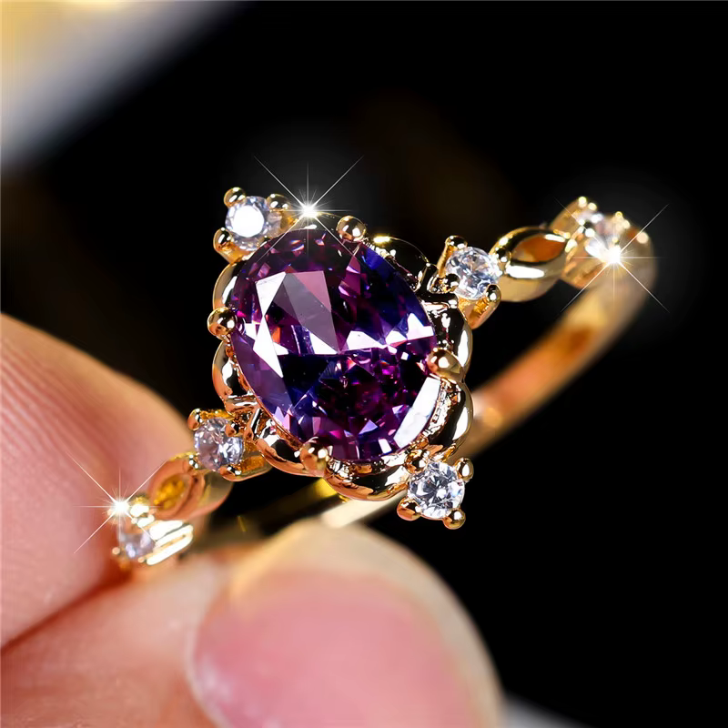 Bague de fiançailles ovale en pierre de Zircon violet pour femme, bijoux de mariage Vintage couleur 