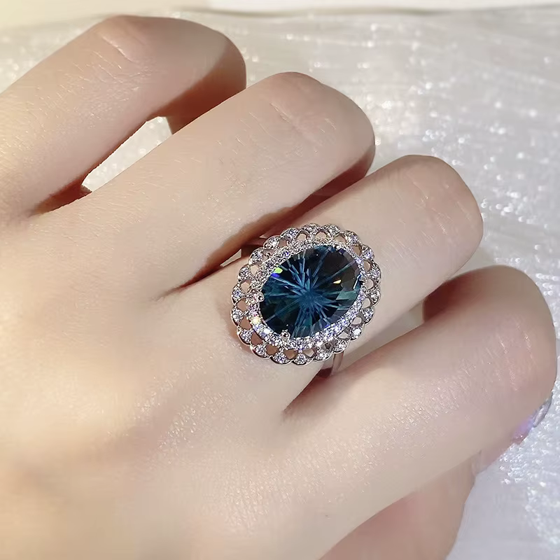 Bague en topaze bleue pour femmes, Haute Couture, argent 925, feux d'artifice naturels, topaze bleue