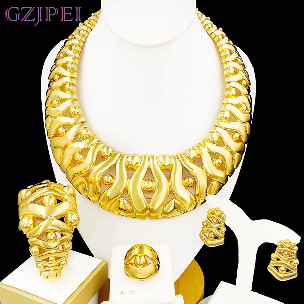 Ensemble de bijoux de luxe GZJPEI 3 tons, collier, boucles d'oreilles, bracelet et bague à motif géo