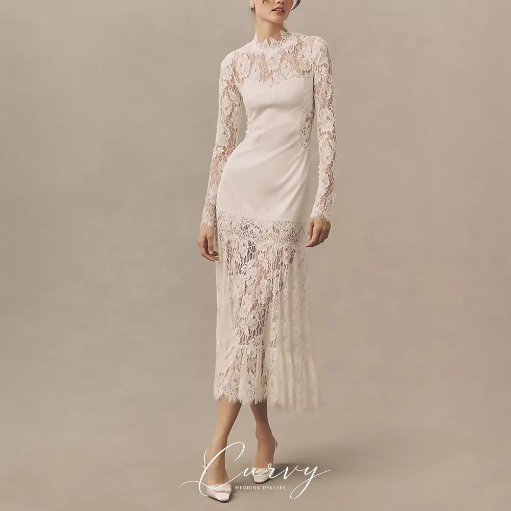 Robes de mariée midi vintage chic et élégantes pour femmes, personnalisées, col montant, manches lon