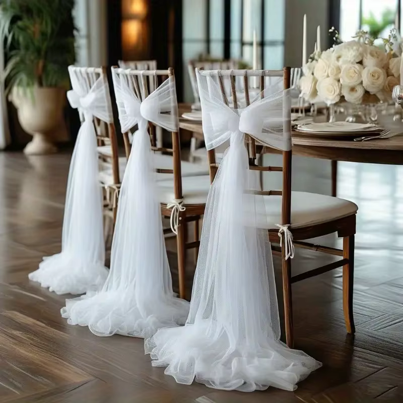 10 pièces de nœuds de chaise en mousseline pour décoration d'allée de mariage, 100x160cm, gaze blanc