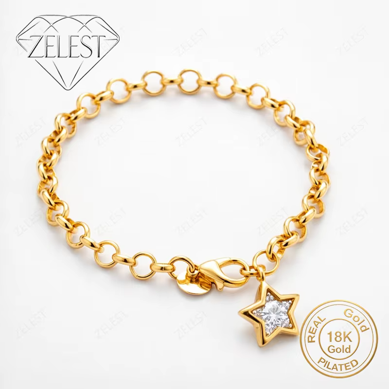 Bracelet élégant en argent sterling 925 plaqué or 18 carats, 8 pouces, avec zircon étoile exquis, bi