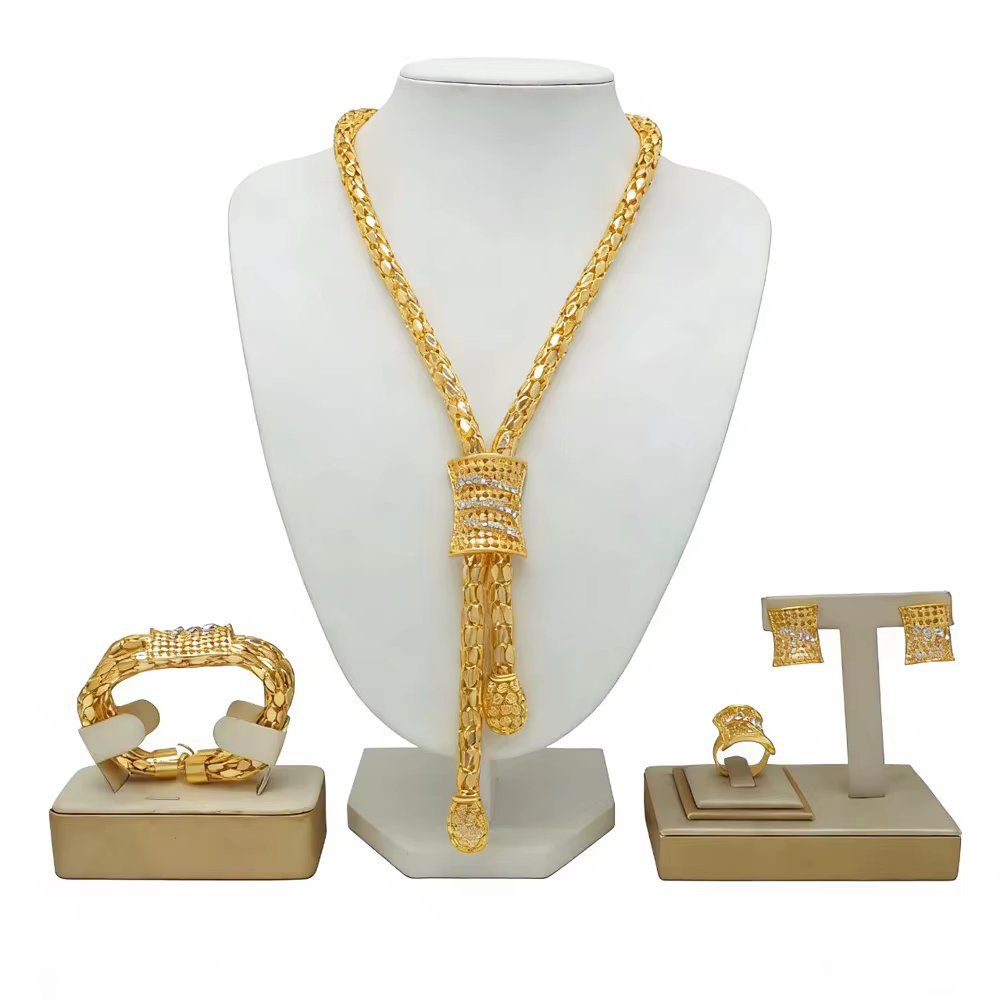 Ensemble de bijoux plaqués or de dubaï, Long collier, boucles d'oreilles, Bracelet, bague, pendentif