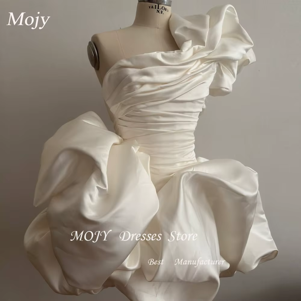 Mojy ivoire à volants robes de soirée de mariage robe de bal courte une épaule froncé taffetas robe 