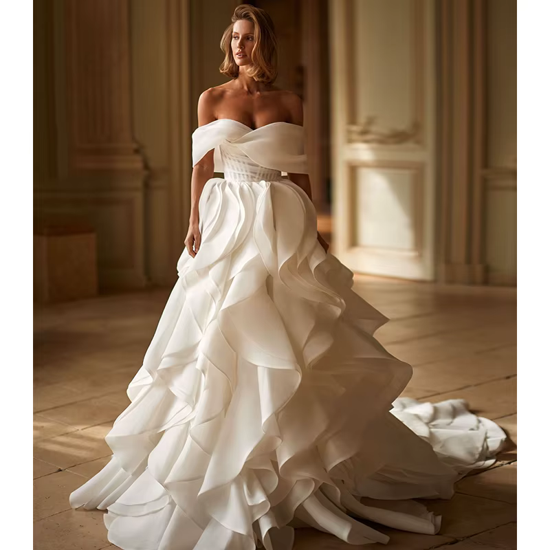 Robe De mariée romantique en Organza à volants, ligne a, robe De bal, sans manches, col bateau, pers