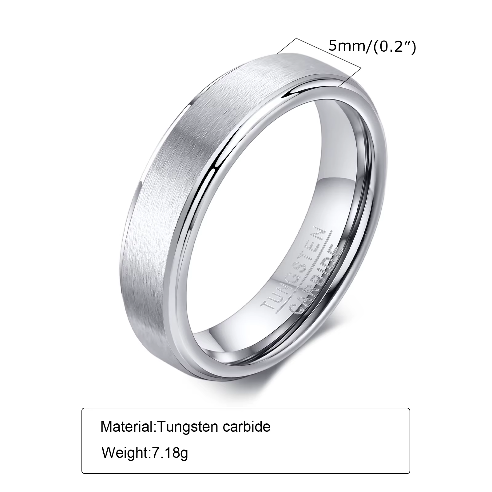 Bague en carbure de tungstène de 5 mm pour homme, bord biseauté brossé, résistante aux rayures, bagu
