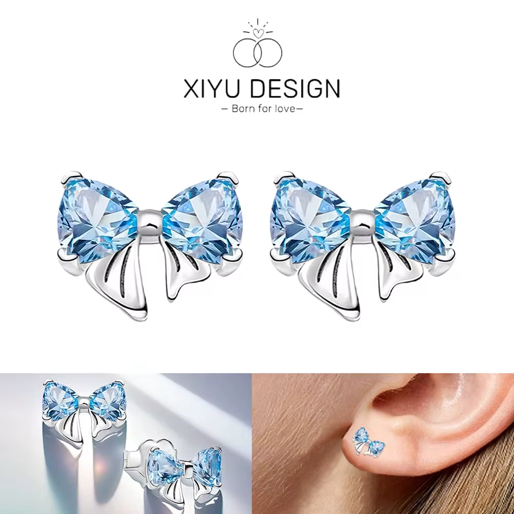 Mode femme boucle d'oreille 925 argent scintillant Zircon bleu arc boucles d'oreilles bijoux fins am