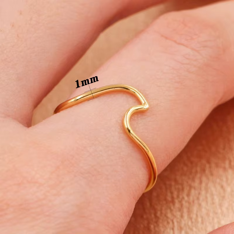 Bague de fiançailles en or 14 carats, vague remplie, empilable, mince, étanche