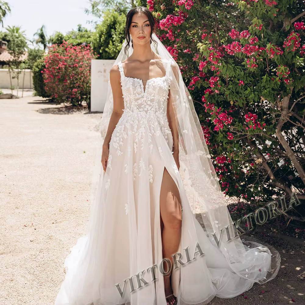 VIKTORIA-Robe de Mariée Moderne en Fibre pour Femme, Patients, Dos aux, Ligne A, Appliques, Éducativ