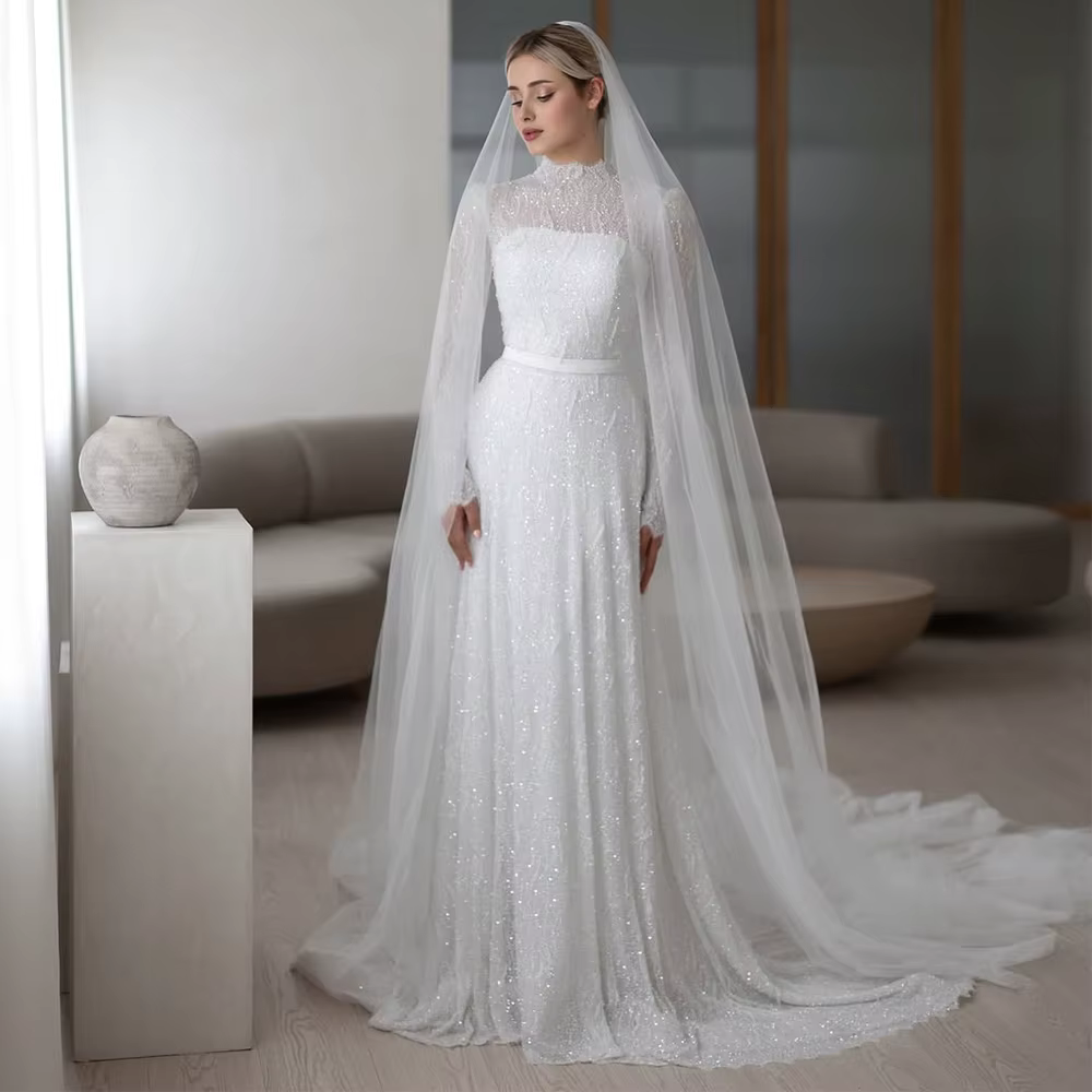Col haut a-ligne Robe De mariée personnalisée dentelle exquise paillettes Robe De Novia tempérament 