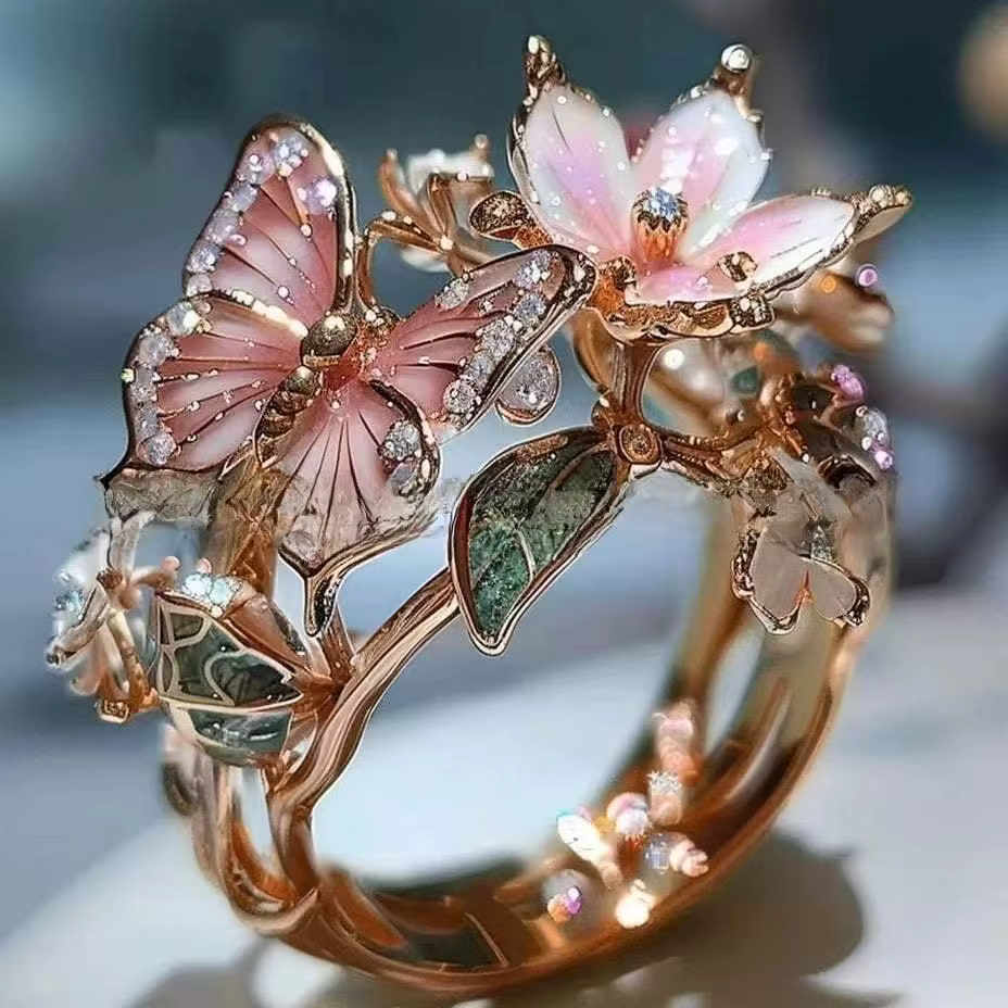 Bagues esthétiques fleurs et papillons pour femme, romantiques, en strass, élégantes, inaltérables, 
