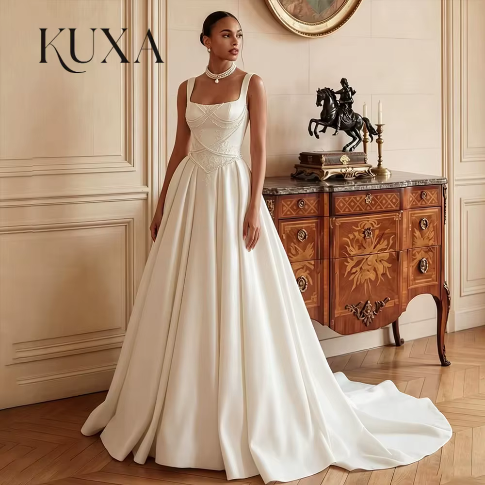 Robe de mariée personnalisée KUXA, nouvelle collection, col carré, sans manches, appliques de perles