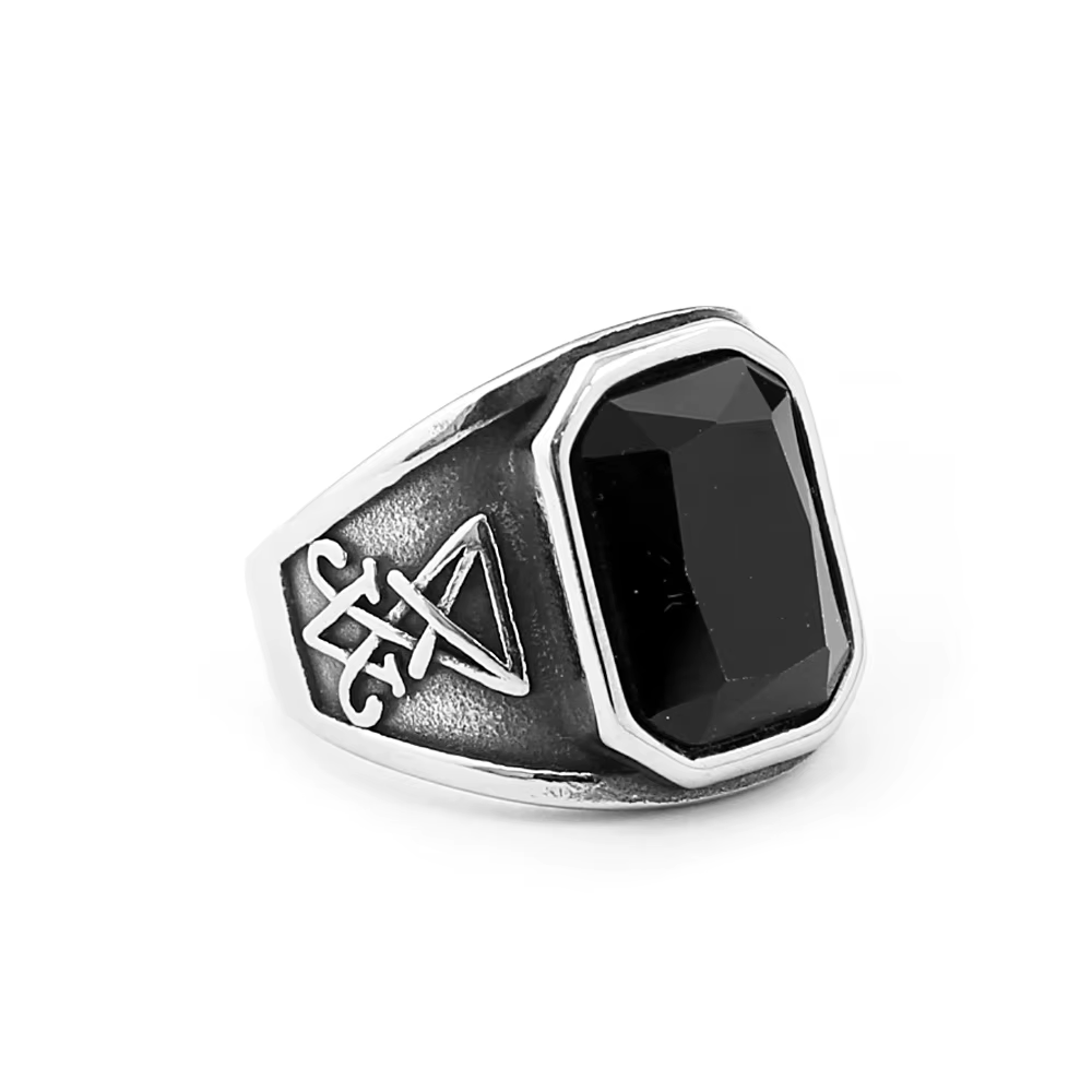 Bague gothique Vintage en pierre noire pour hommes, avec chevalière Lucifer, anneaux en acier inoxyd
