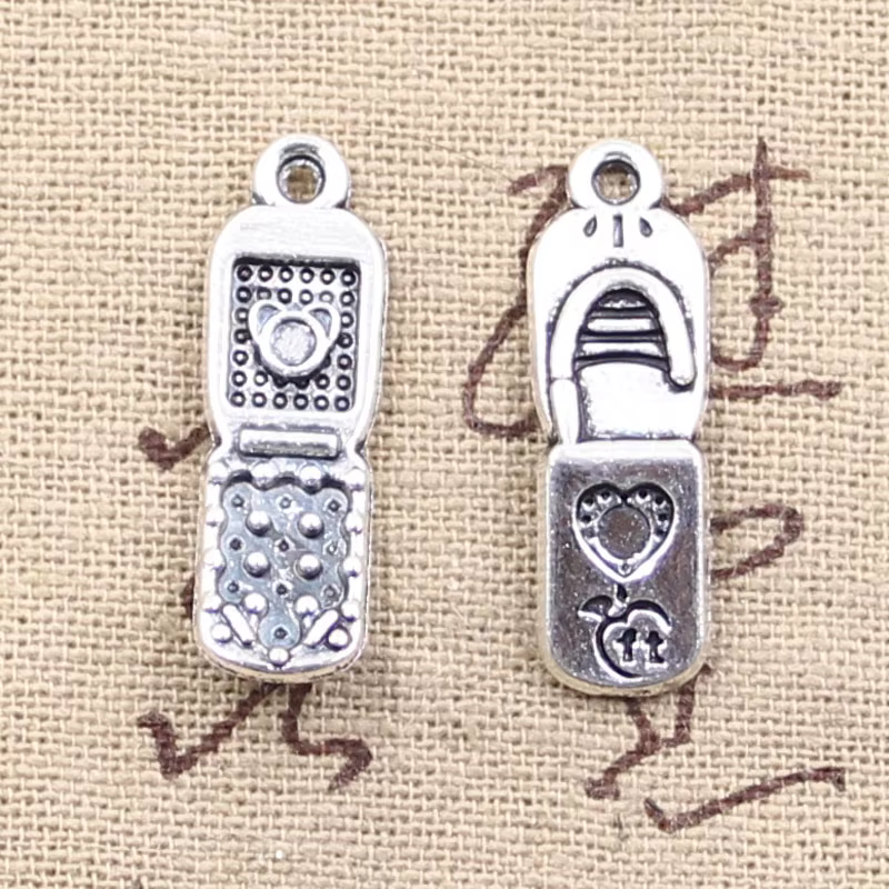 15 pièces breloques téléphone portable 27x8mm Antique couleur argent plaqué pendentifs faisant brico