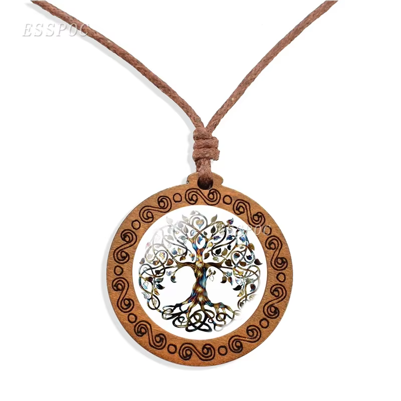 Collier arbre de vie en bois, Cabochon, pendentif en bois de verre, arbre de vie familial, bijoux d'