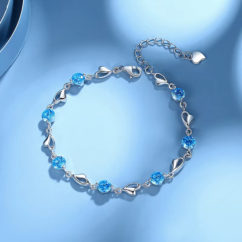 Bracelet d'amour en argent sterling S925 de luxe, cristal de zircon bleu violet pour femmes, bijoux 