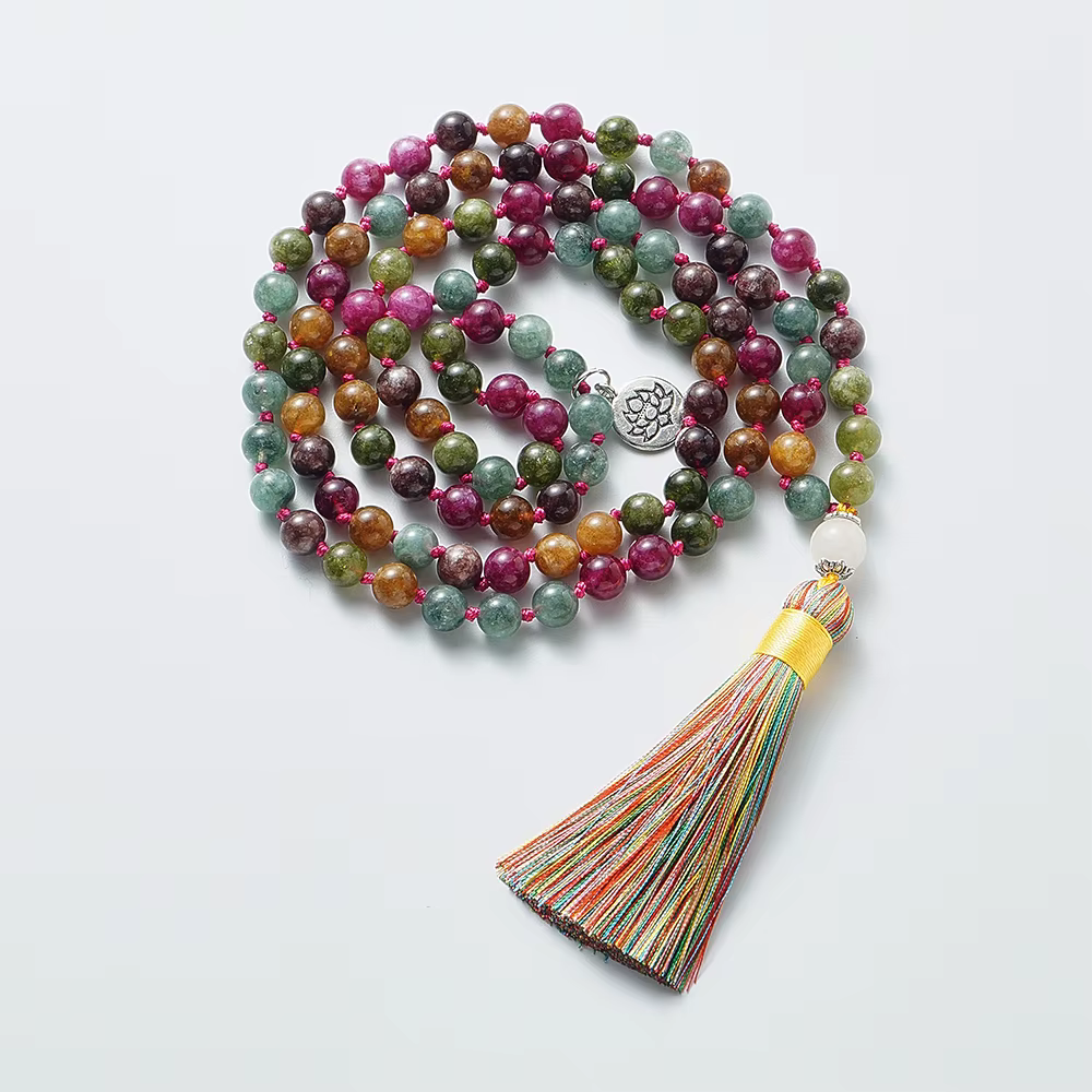Collier de perles de tourmaline colorées pour hommes et femmes, 108 perles Mala, bijoux de méditatio