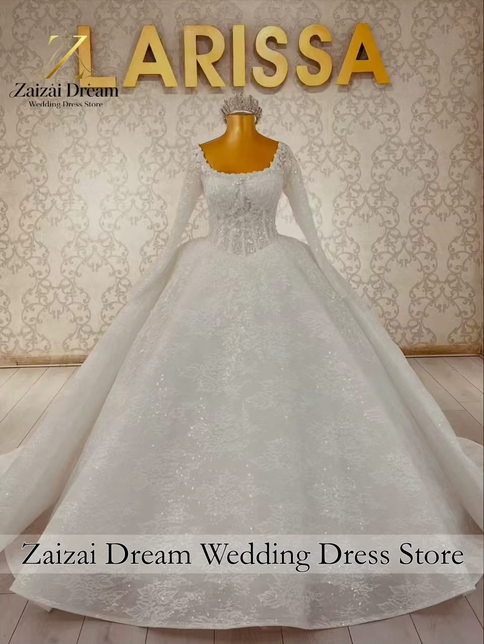 Robe de mariée royale de luxe personnalisée, col bateau, dentelle perlée, manches longues, style pri