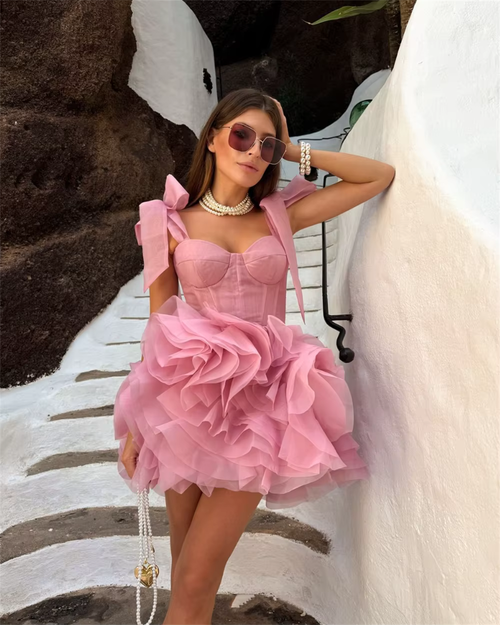 Robe de mariée rose Sweetheart en organza, robes de bal multicouches, robes de princesse en satin, r