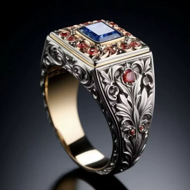 Nouvelle bague en alliage écologique - Design rétro luxueux bicolore électro-plaqué, diamant coloré,