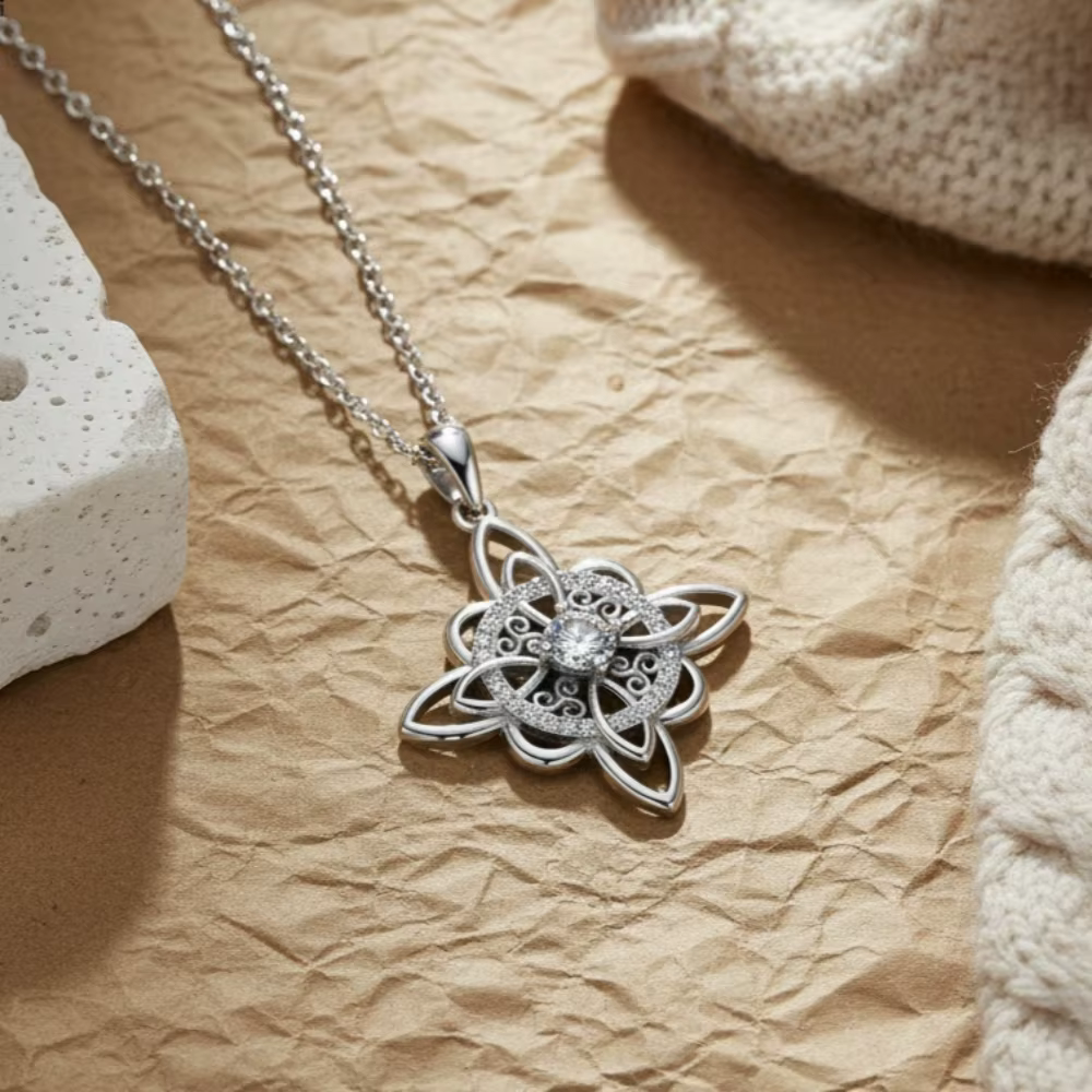 Collier Triskele en argent thaïlandais 925 avec symbole et nœud de sorcière, avec plusieurs zircone 