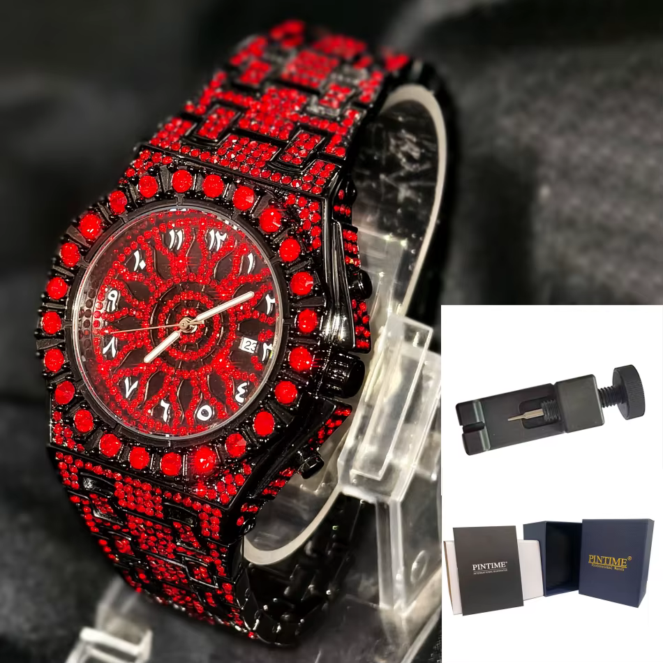 Montre Homme Diamant Rouge Marque PINTIME Mode Quartz Chiffres Arabes Bijoux Hip Hop Iced Montre-Bra