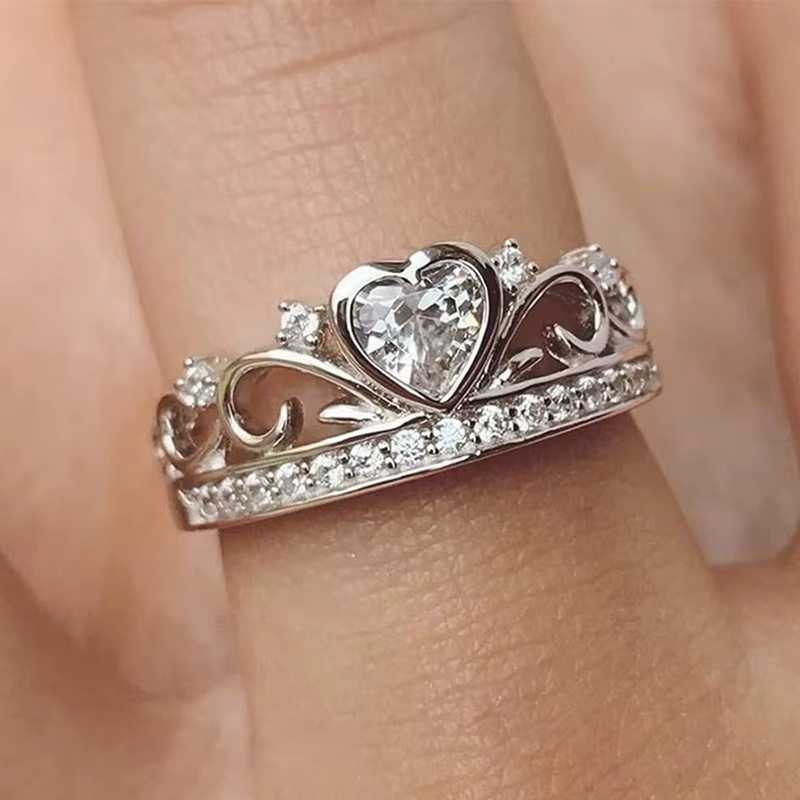 Huretailers-Bague couronne gracieuse pour femme, bande de mariage romantique avec cœur brillant, bij