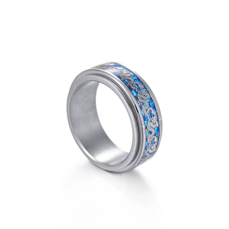 Bague rotative anti-stress pour hommes et femmes, en acier inoxydable, motif Dragon ECG, fibre de ca