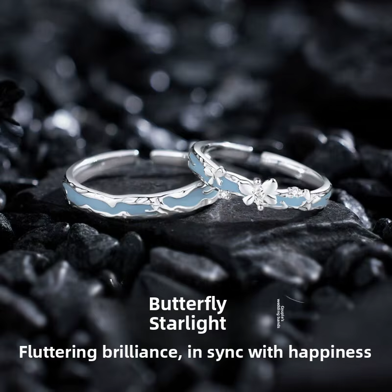 Bagues de couple papillon lumineuses sous le ciel nocturne, design étoilé, simples et élégantes, aju