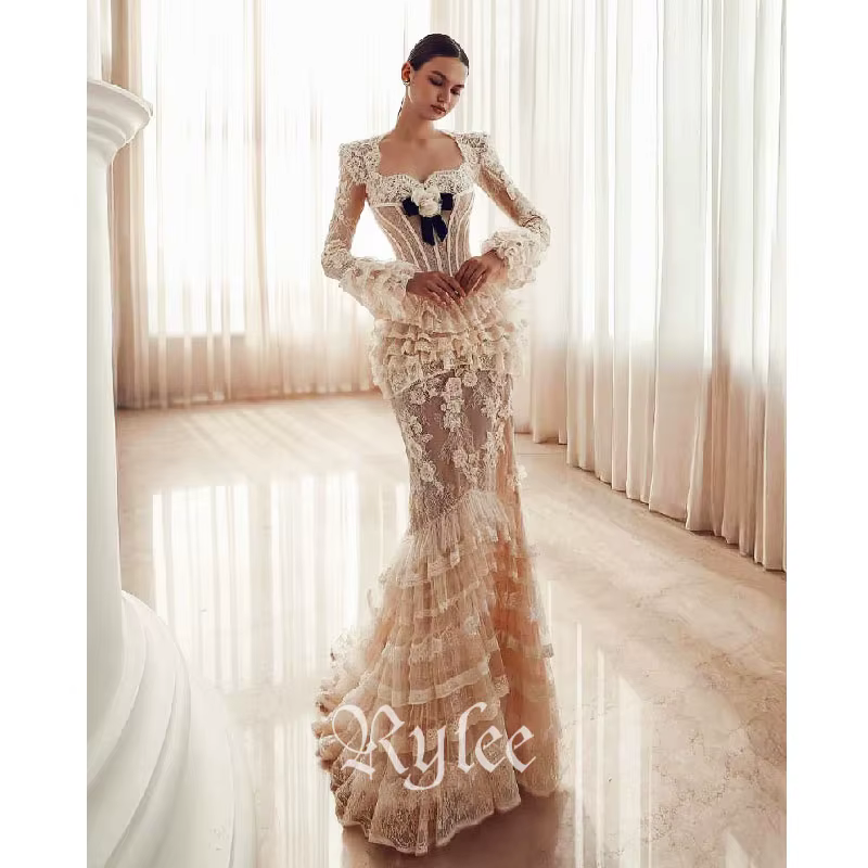 Rylee princesse dentelle sirène robes de soirée avec Appliques délicates volants dentelle longue rob
