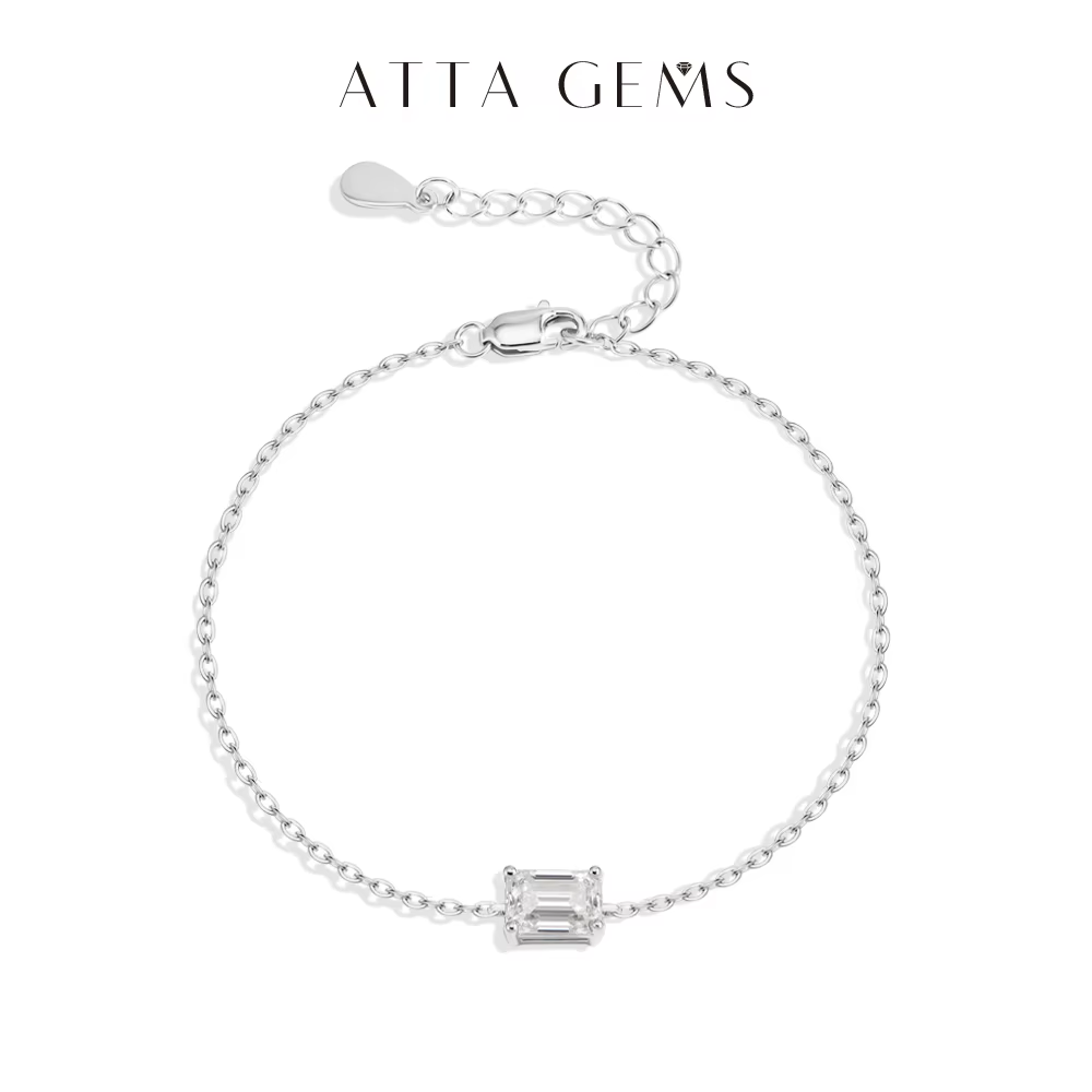 ATTAGEMS Bracelet en moissanite taille émeraude 1 carat, argent 925, or 18 carats, chaîne réglable e